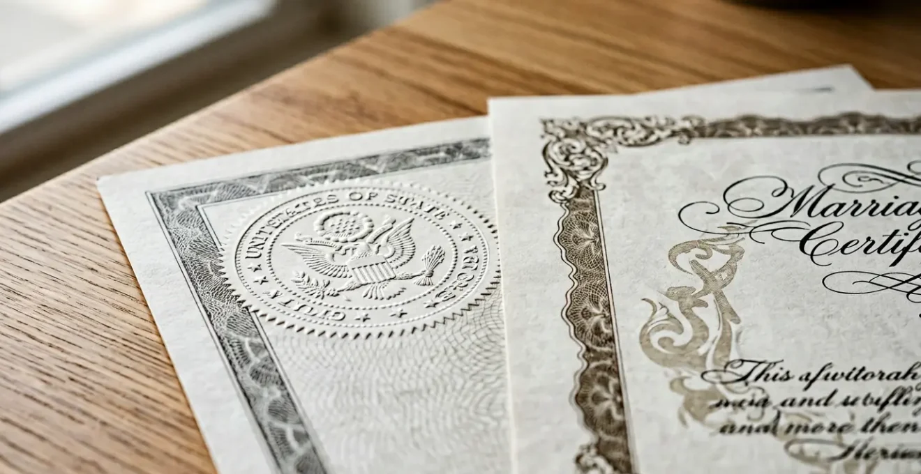 Close-up of official government apostille stamp being applied to marriage certificate documents on desk with natural lighting