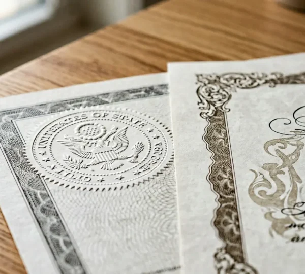 Close-up of official government apostille stamp being applied to marriage certificate documents on desk with natural lighting
