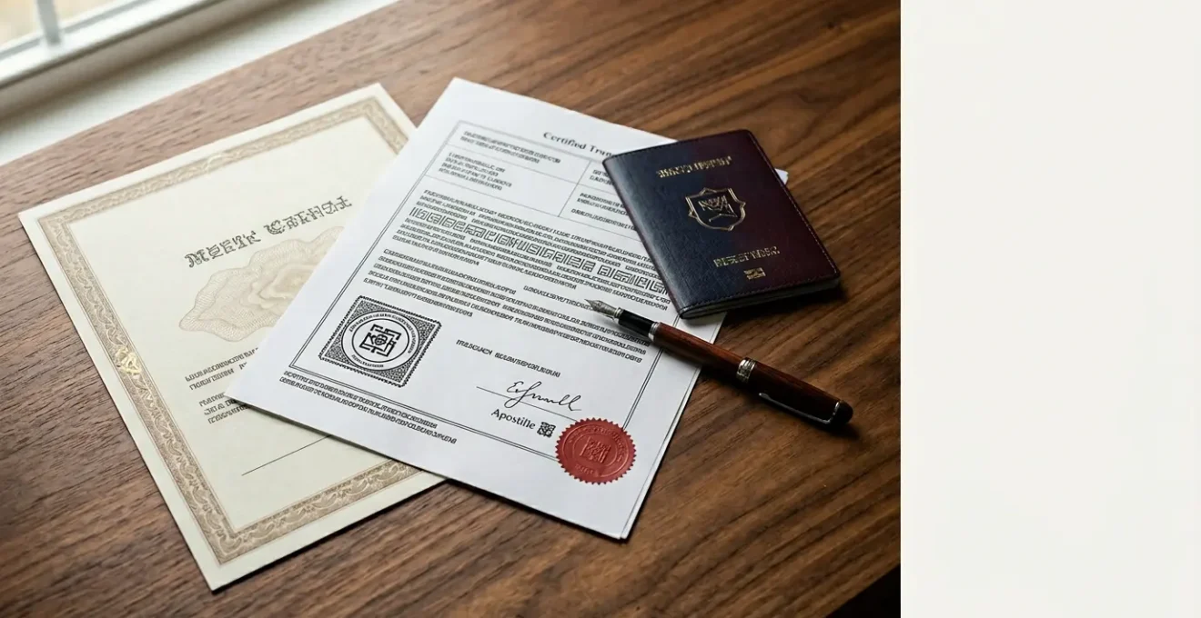 Official marriage documents with certified translation seal and apostille stamp on wooden desk with natural light