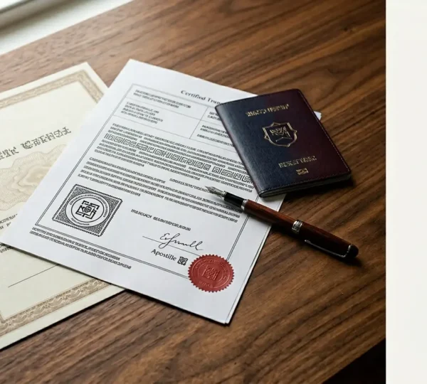 Official marriage documents with certified translation seal and apostille stamp on wooden desk with natural light