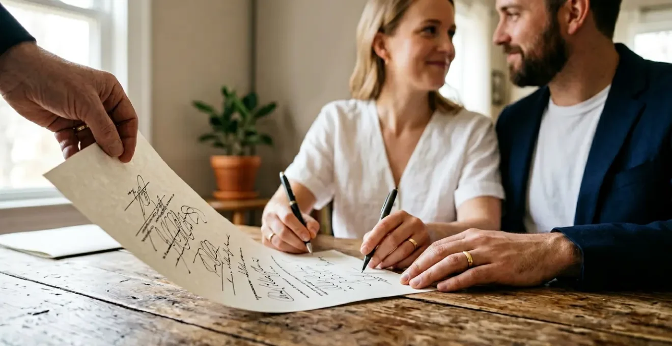 Couple signing official marriage documents at home in intimate setting before destination celebration