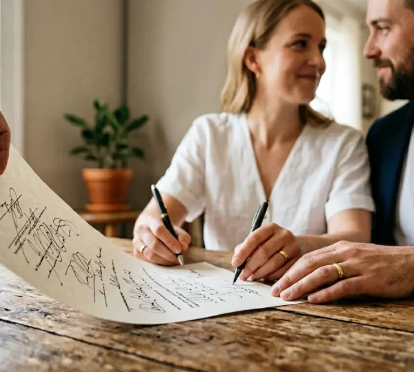 Couple signing official marriage documents at home in intimate setting before destination celebration