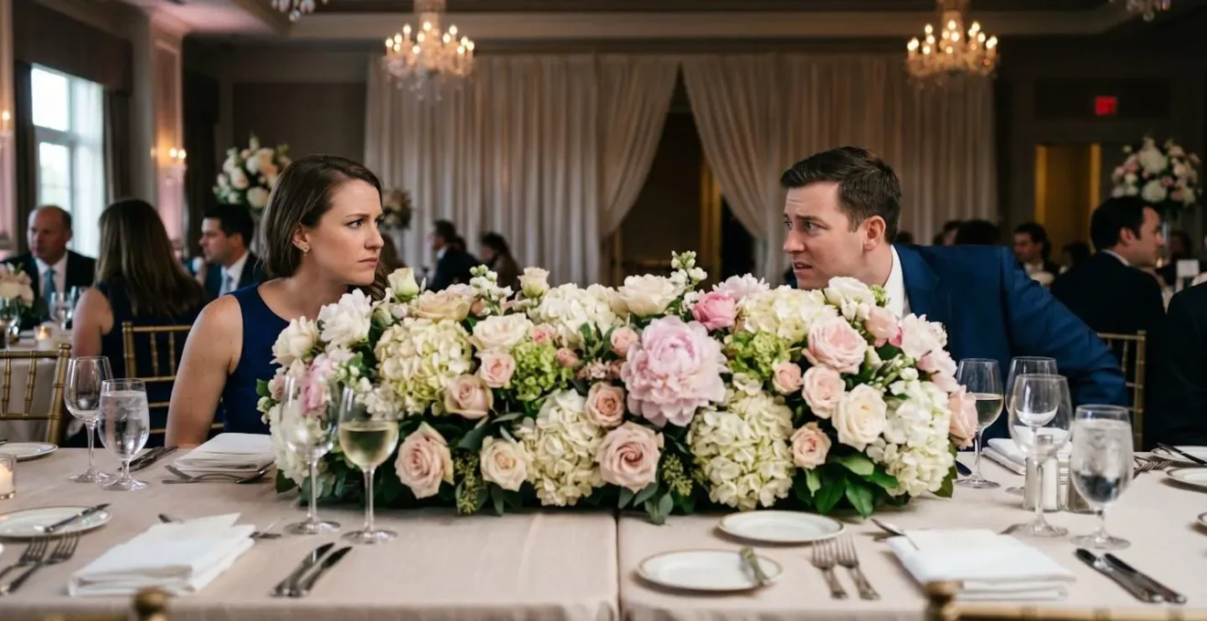 Wedding reception table showing dense floral centerpiece creating visual barrier between guests attempting conversation