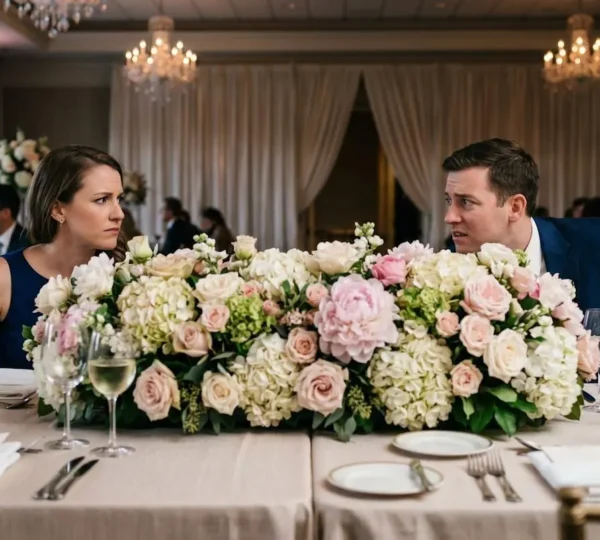 Wedding reception table showing dense floral centerpiece creating visual barrier between guests attempting conversation