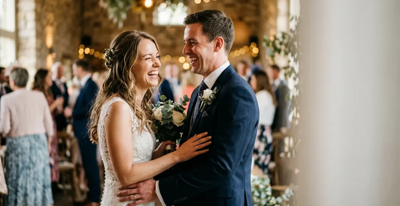 Couple sharing an authentic laugh during their wedding day, captured in a natural, unposed moment