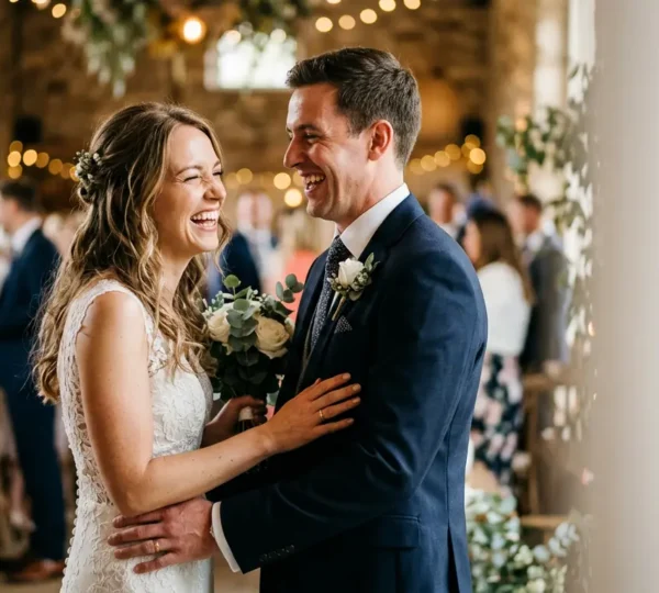 Couple sharing an authentic laugh during their wedding day, captured in a natural, unposed moment