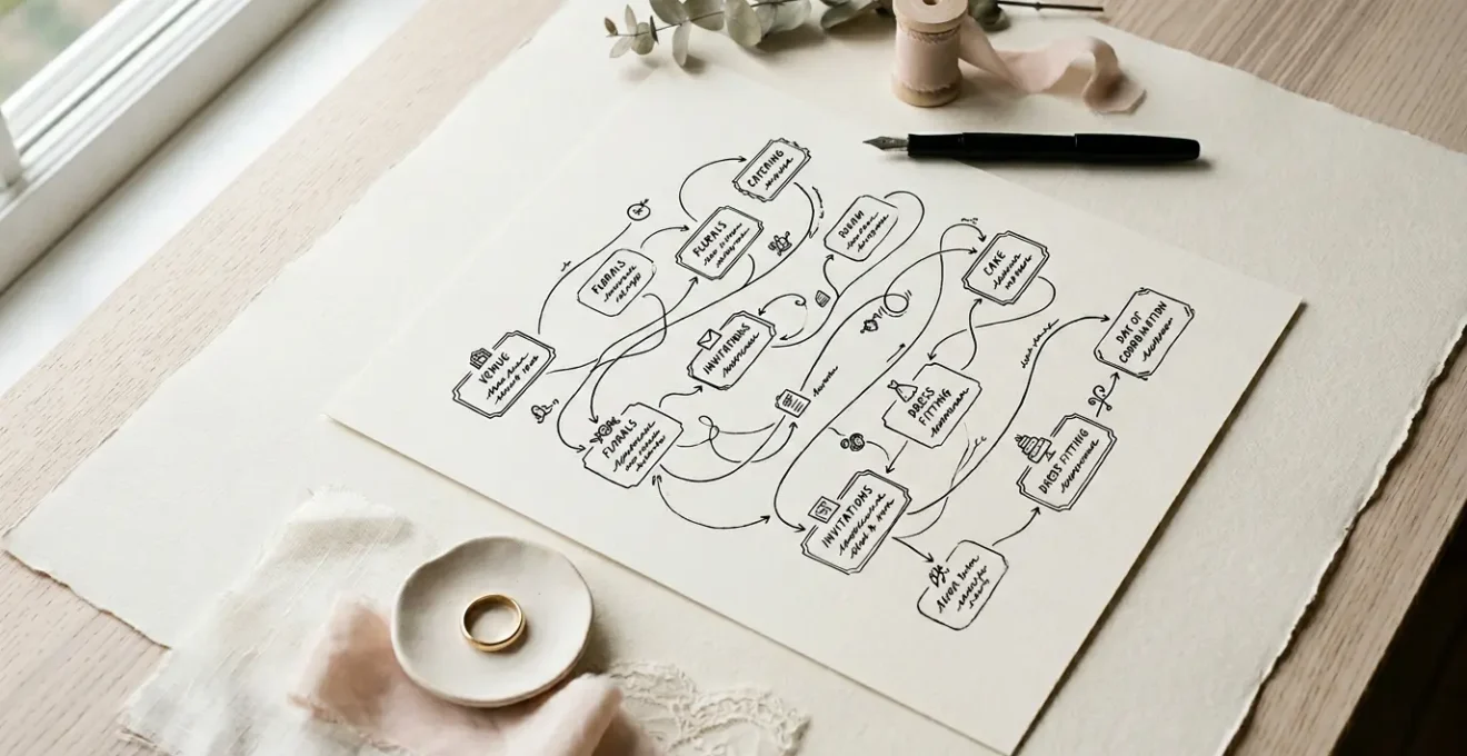 Professional wedding planner reviewing project timeline with elegant stationery and planning tools in natural daylight