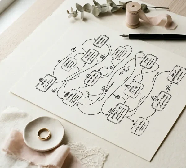 Professional wedding planner reviewing project timeline with elegant stationery and planning tools in natural daylight