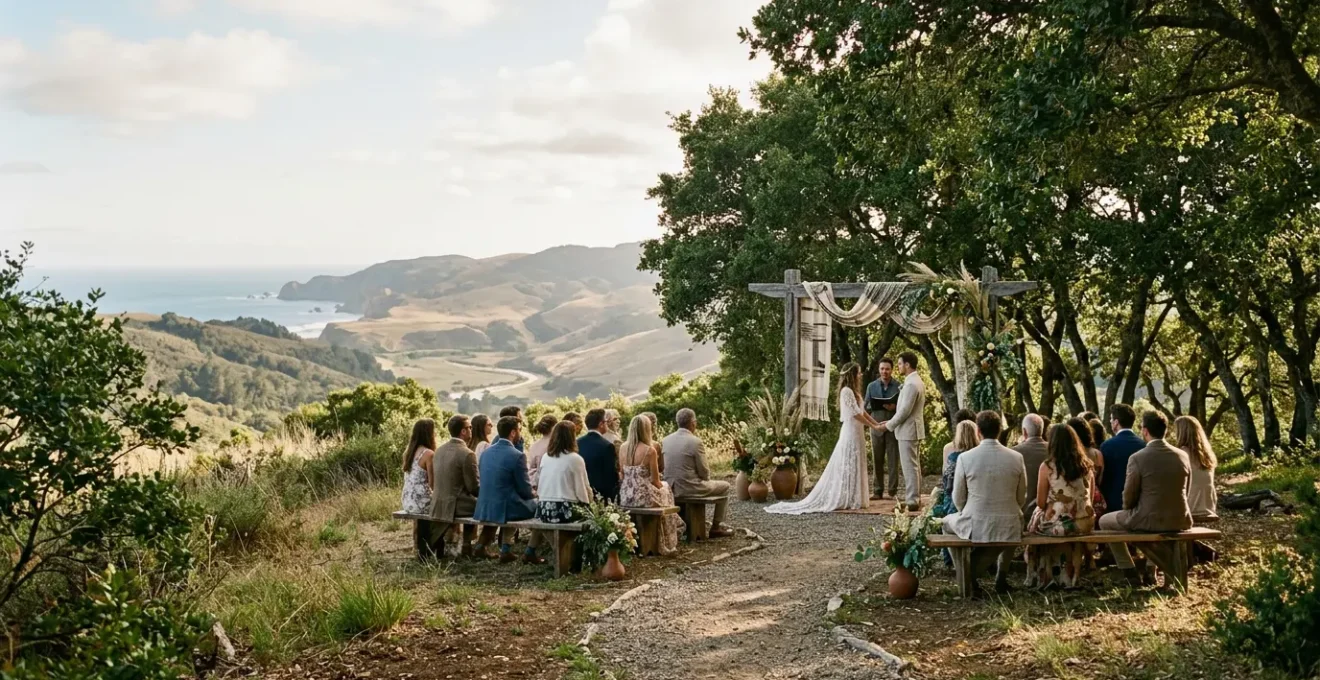 Intimate outdoor wedding celebration showcasing authentic local cultural elements blended naturally into the ceremony setting