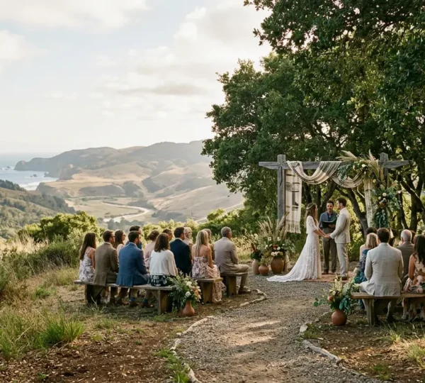 Intimate outdoor wedding celebration showcasing authentic local cultural elements blended naturally into the ceremony setting