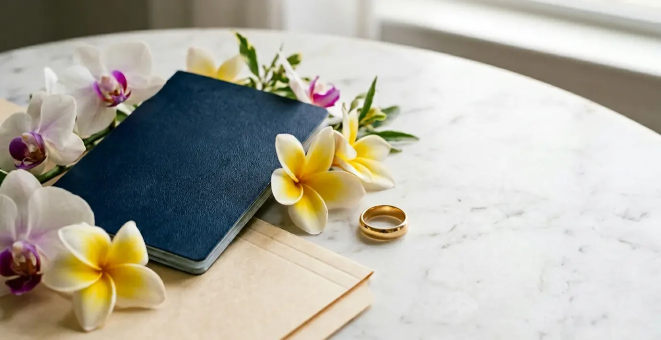 Elegant destination wedding scene with legal documents and travel elements symbolizing international marriage requirements