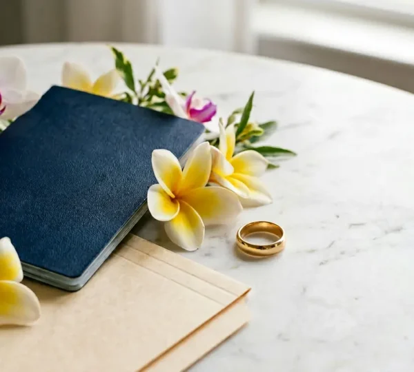 Elegant destination wedding scene with legal documents and travel elements symbolizing international marriage requirements