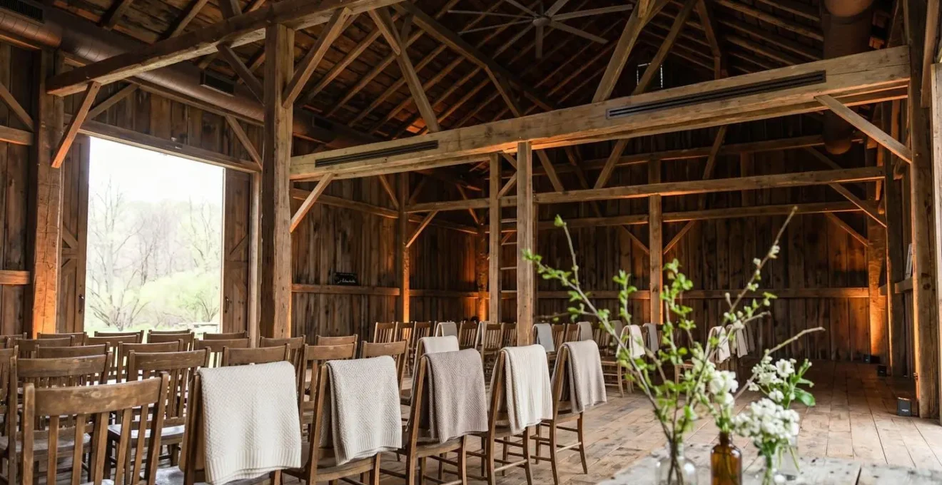 Early spring barn wedding interior showing temperature control elements and climate management setup