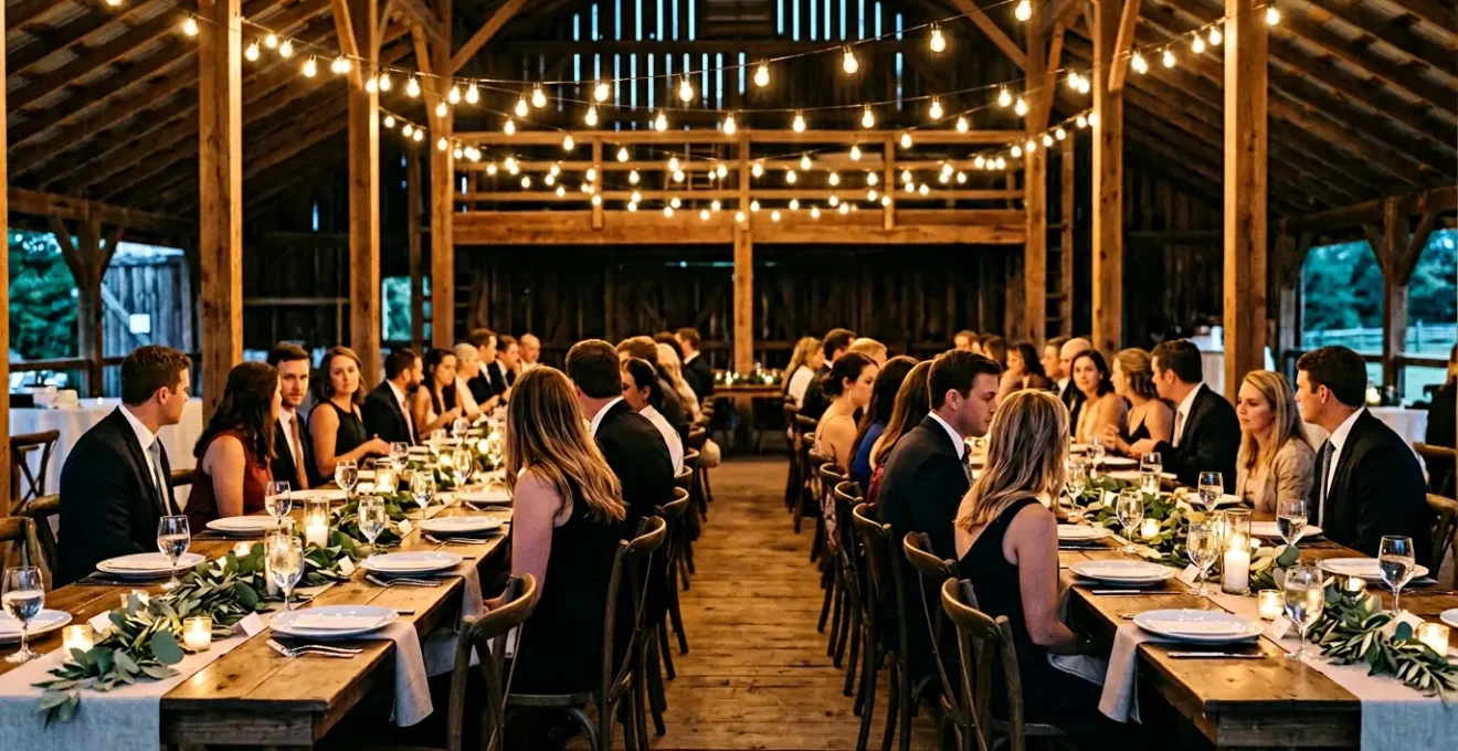 Elegant farmhouse wedding tables arranged to maximize guest conversation with warm ambient lighting