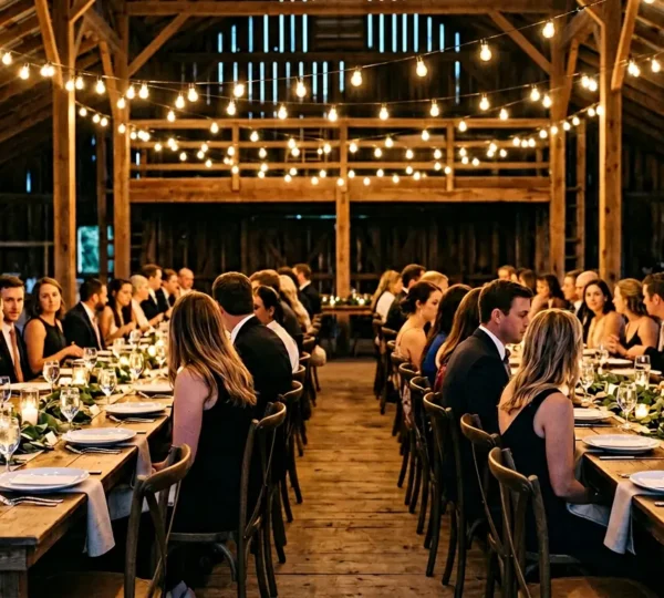 Elegant farmhouse wedding tables arranged to maximize guest conversation with warm ambient lighting