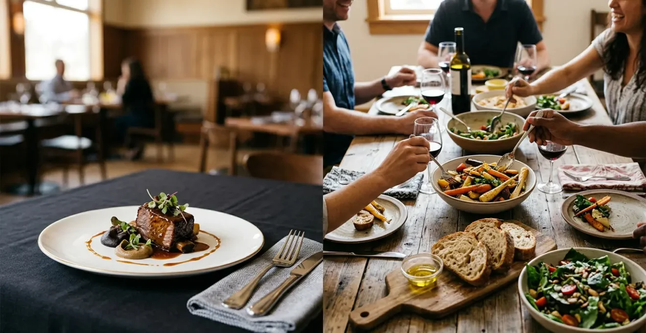 Side-by-side comparison of elegant plated wedding dinner and rustic family-style table setting for foodie couples