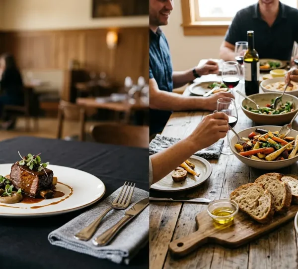 Side-by-side comparison of elegant plated wedding dinner and rustic family-style table setting for foodie couples