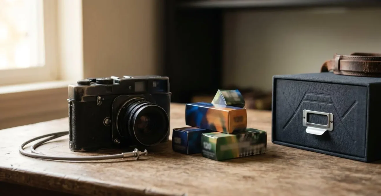 Premium film photography materials and professional medium format camera highlighting fine art wedding investment