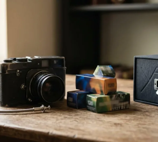 Premium film photography materials and professional medium format camera highlighting fine art wedding investment