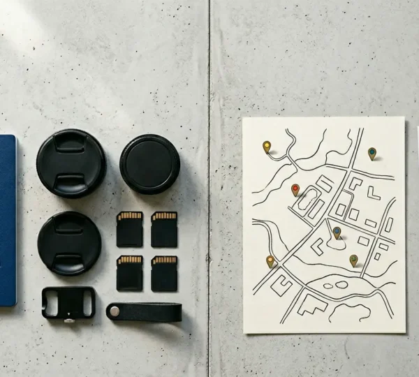 Professional wedding photographer reviewing portfolios and travel documents while planning destination wedding coverage strategy