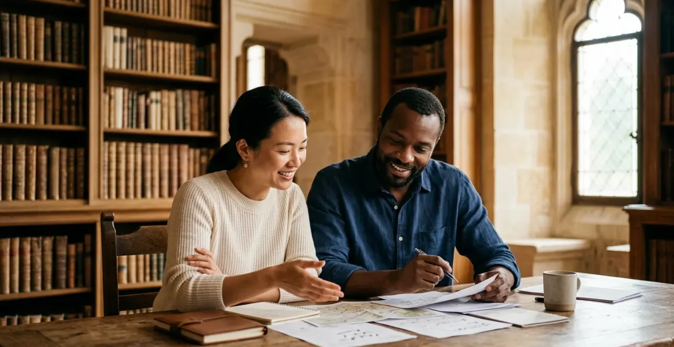 International couple reviewing wedding contracts in French chateau library with elegant architectural details