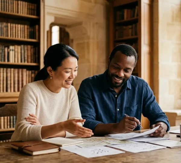 International couple reviewing wedding contracts in French chateau library with elegant architectural details