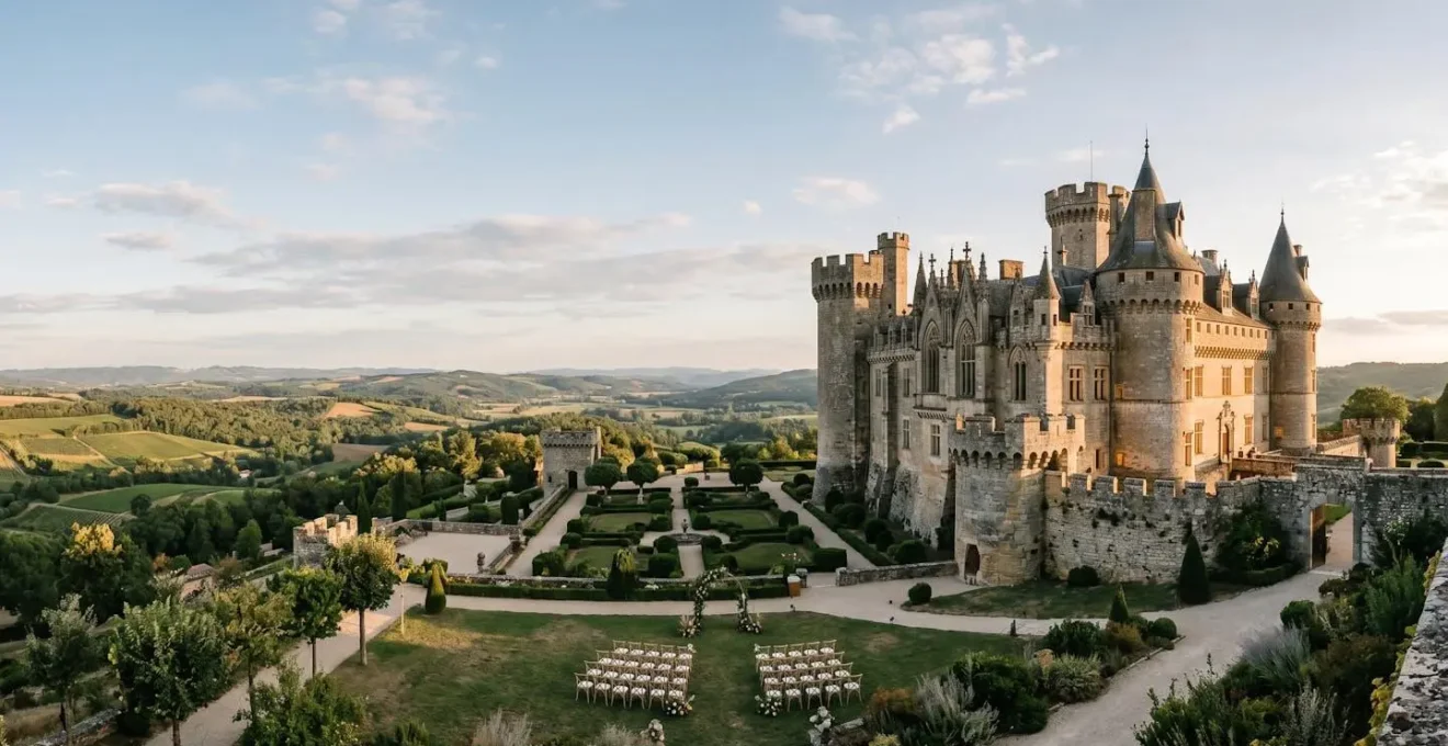 Majestic European castle with stone towers overlooking formal gardens, prepared for a large wedding celebration with elegant outdoor ceremony setup
