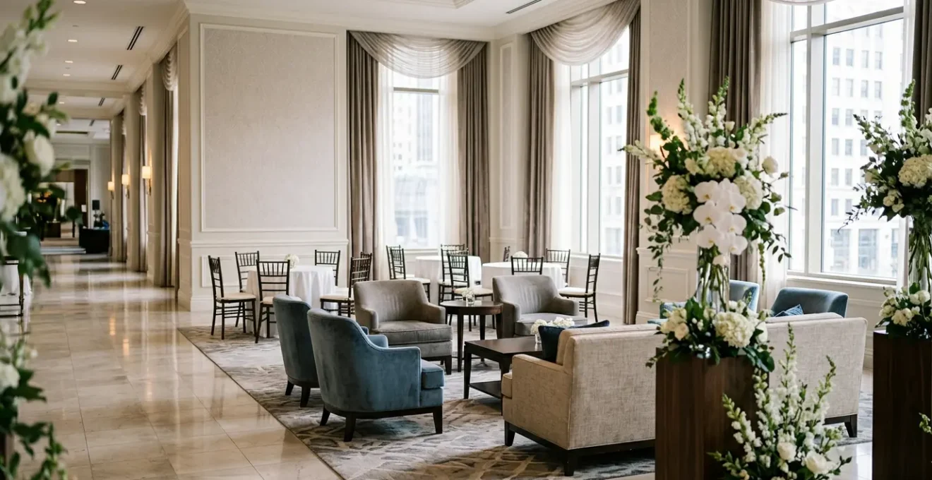 Elegant hotel wedding ceremony setup with sophisticated privacy elements in a sophisticated public venue