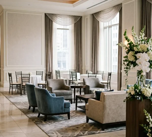 Elegant hotel wedding ceremony setup with sophisticated privacy elements in a sophisticated public venue