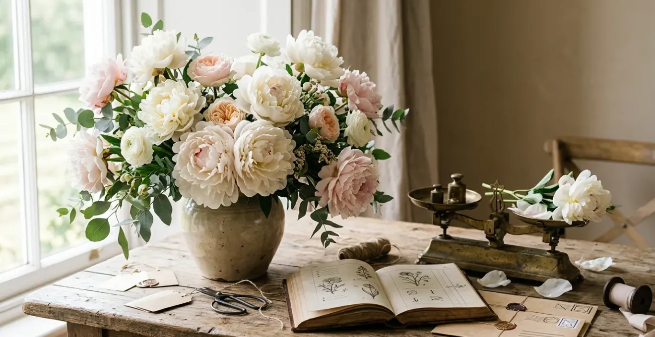 Premium peony wedding flowers with visible price tags showing seasonal cost comparison concept