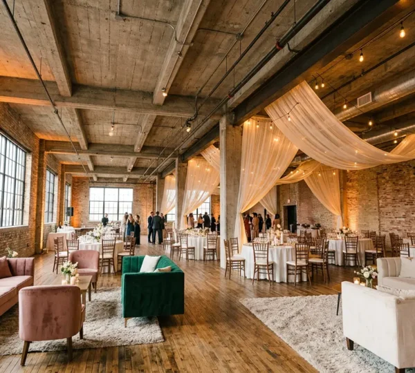 Elegant wedding setup in a concrete industrial loft with acoustic softening elements creating warm intimate atmosphere