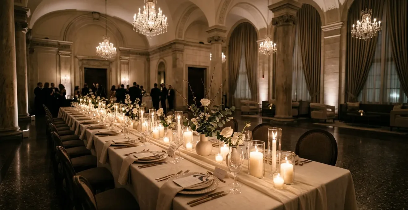 Elegant black-tie wedding reception with intimate atmosphere and sophisticated decor