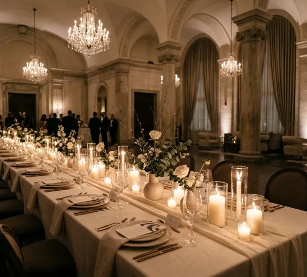 Elegant black-tie wedding reception with intimate atmosphere and sophisticated decor