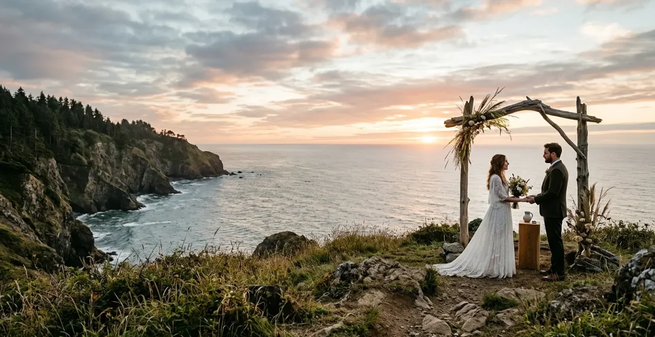Intimate elopement ceremony couple exchanging vows in scenic natural environment with personal touches
