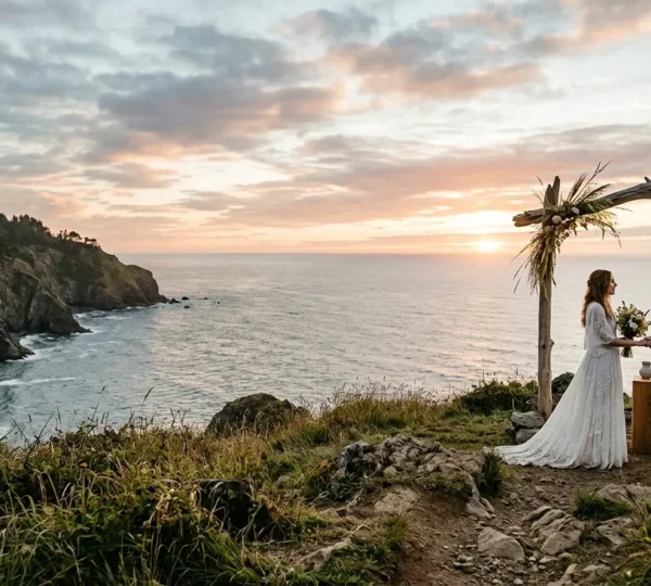 Intimate elopement ceremony couple exchanging vows in scenic natural environment with personal touches
