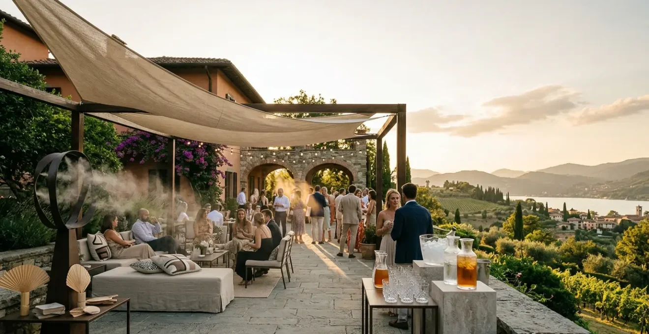 Elegant outdoor Italian summer wedding reception with shaded lounge areas and cooling elements against scenic villa backdrop