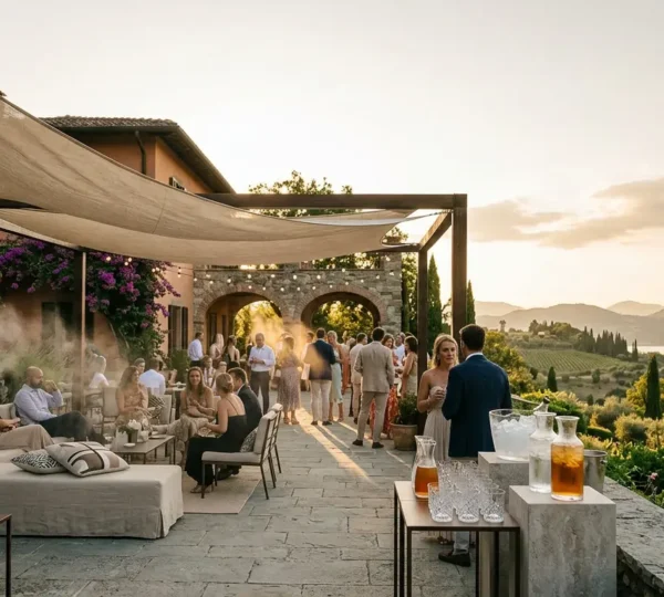 Elegant outdoor Italian summer wedding reception with shaded lounge areas and cooling elements against scenic villa backdrop