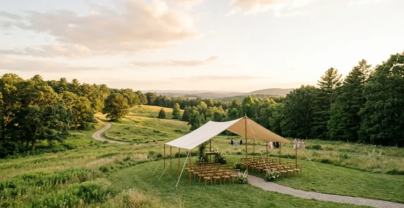 Elegant outdoor wedding tent structures set against natural landscape showcasing different tent configurations
