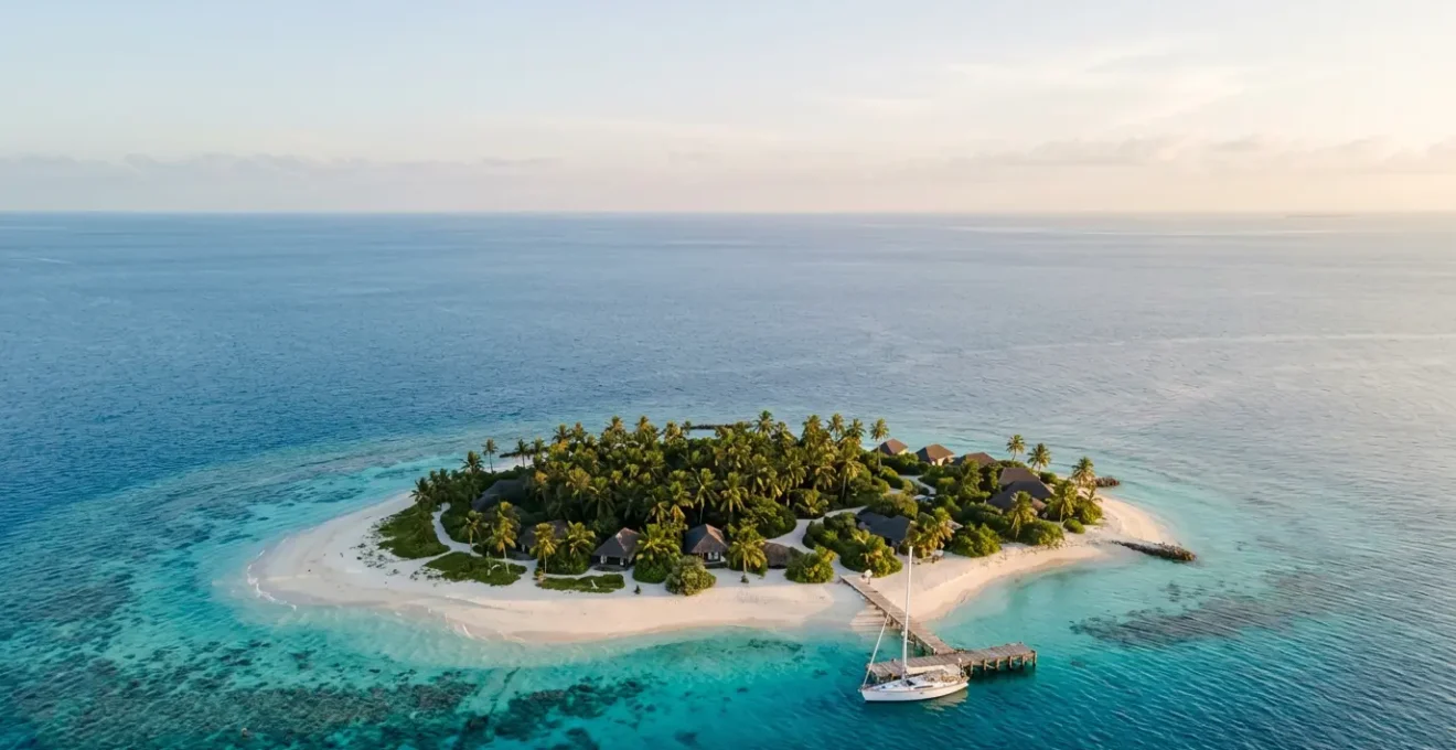 Aerial view of an exclusive private island surrounded by turquoise waters with white sand beaches and lush tropical vegetation