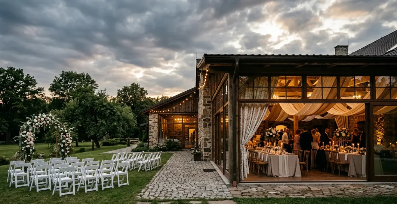 Strategic wedding planning under uncertain skies with elegant preparation