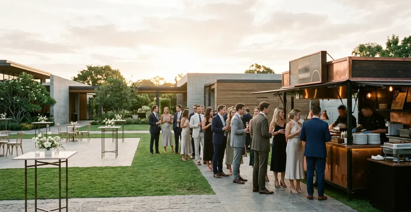 Wedding cocktail hour setup showing street food service station with growing guest queue and logistical challenges