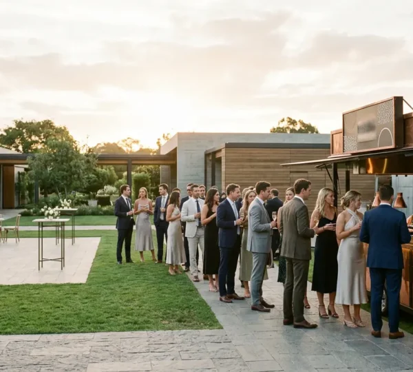 Wedding cocktail hour setup showing street food service station with growing guest queue and logistical challenges