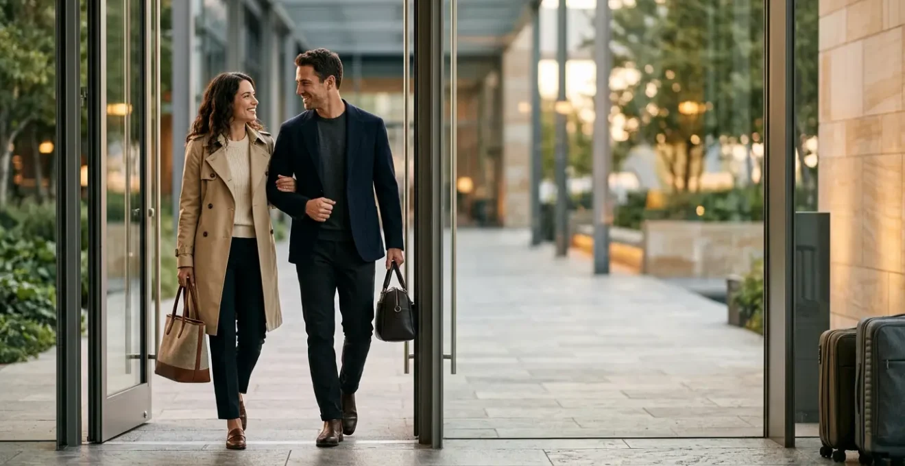 Newlywed couple departing elegantly for honeymoon immediately after wedding reception