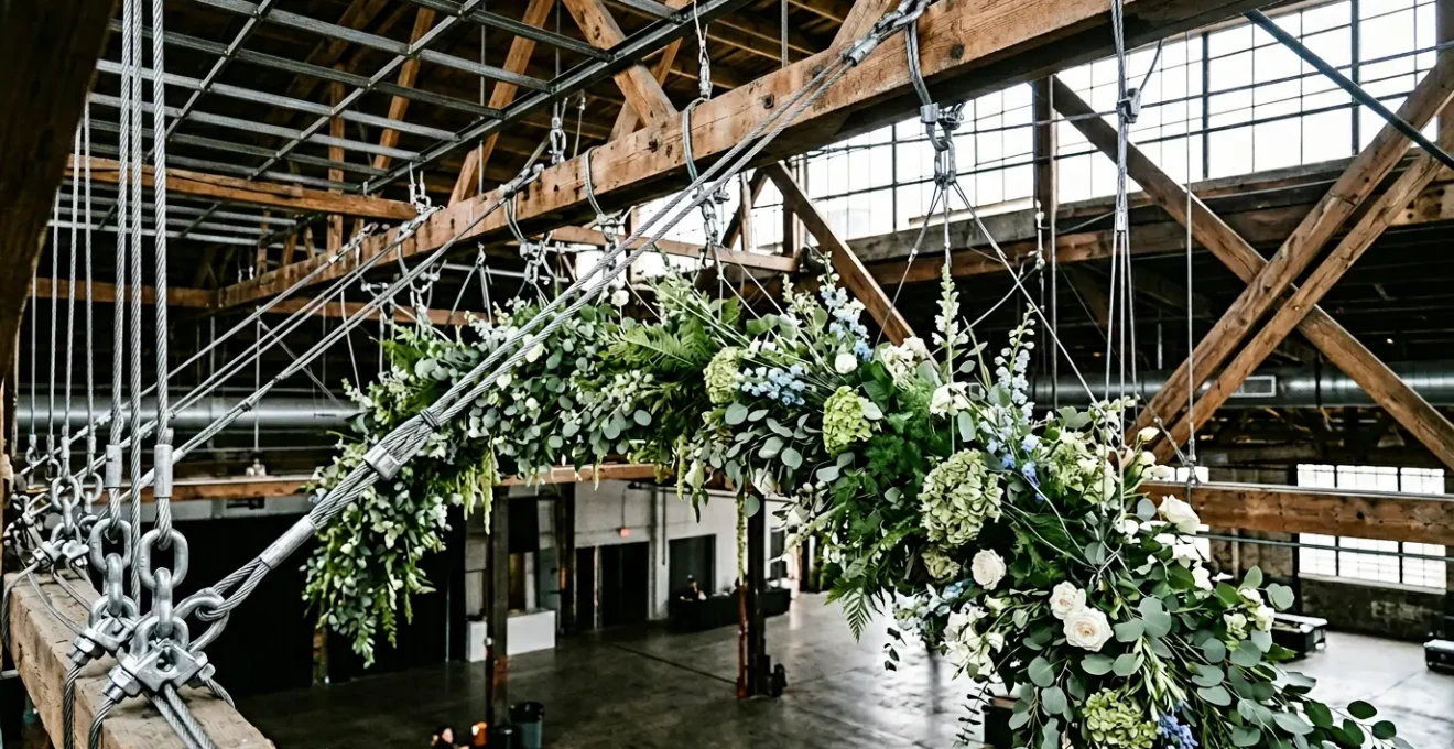 Professional overhead floral installation suspended from exposed beams showing engineering mechanics and structural rigging points