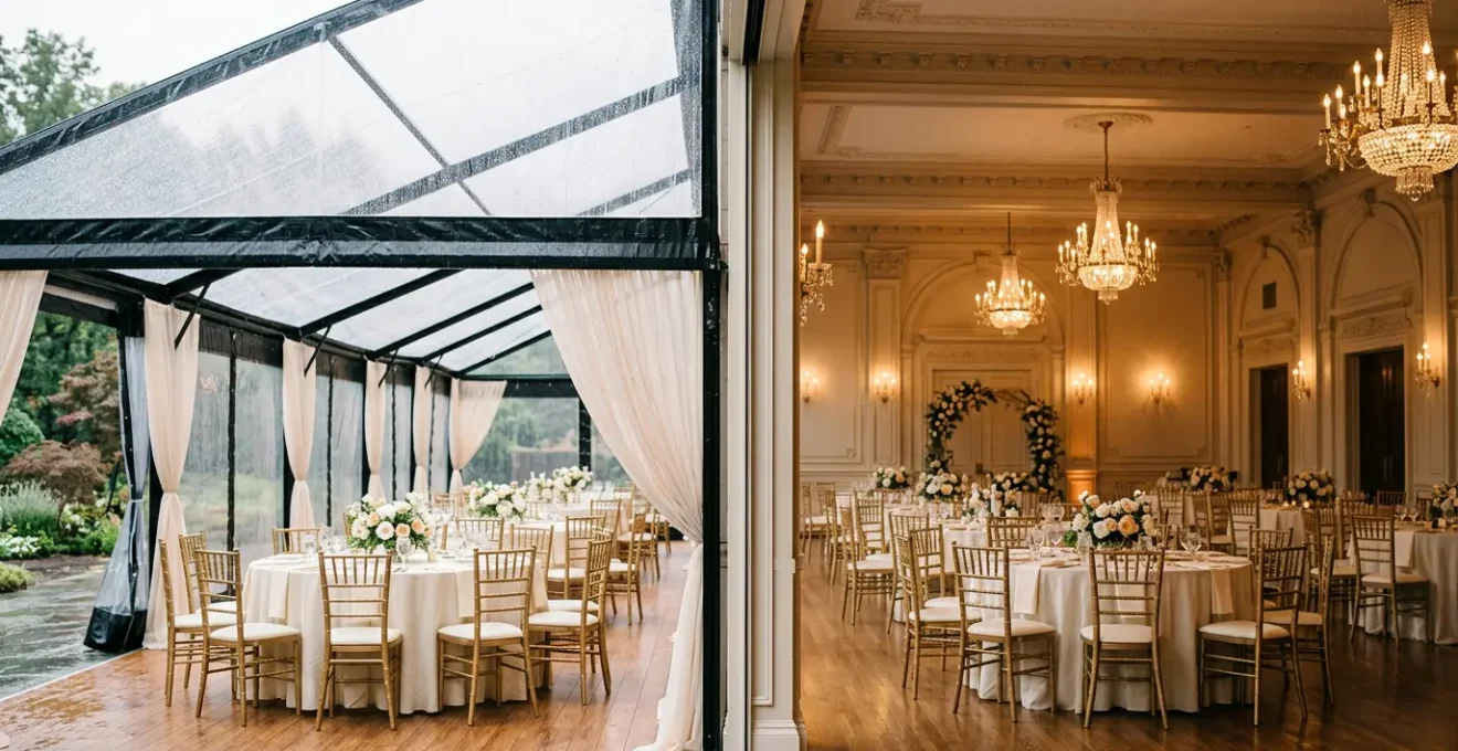 Wedding venue decision between elegant indoor ballroom and tented outdoor space prepared for weather contingencies
