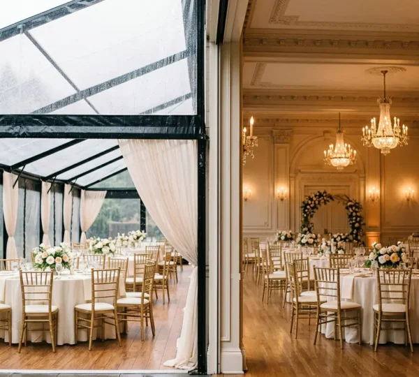 Wedding venue decision between elegant indoor ballroom and tented outdoor space prepared for weather contingencies