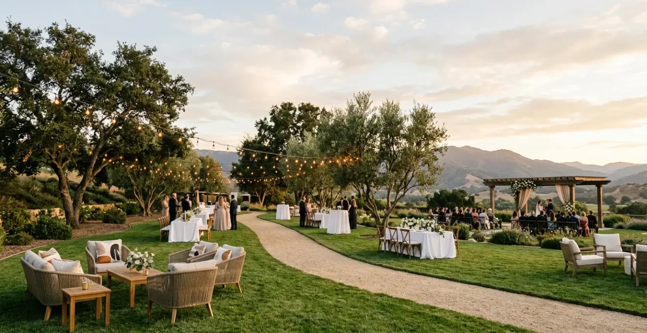 A serene outdoor wedding venue setup with natural lighting showing balanced spacing between seating areas and open pathways for guest movement