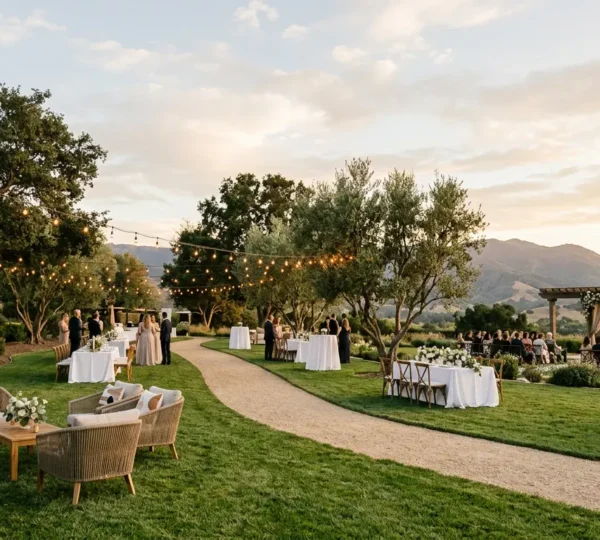 A serene outdoor wedding venue setup with natural lighting showing balanced spacing between seating areas and open pathways for guest movement