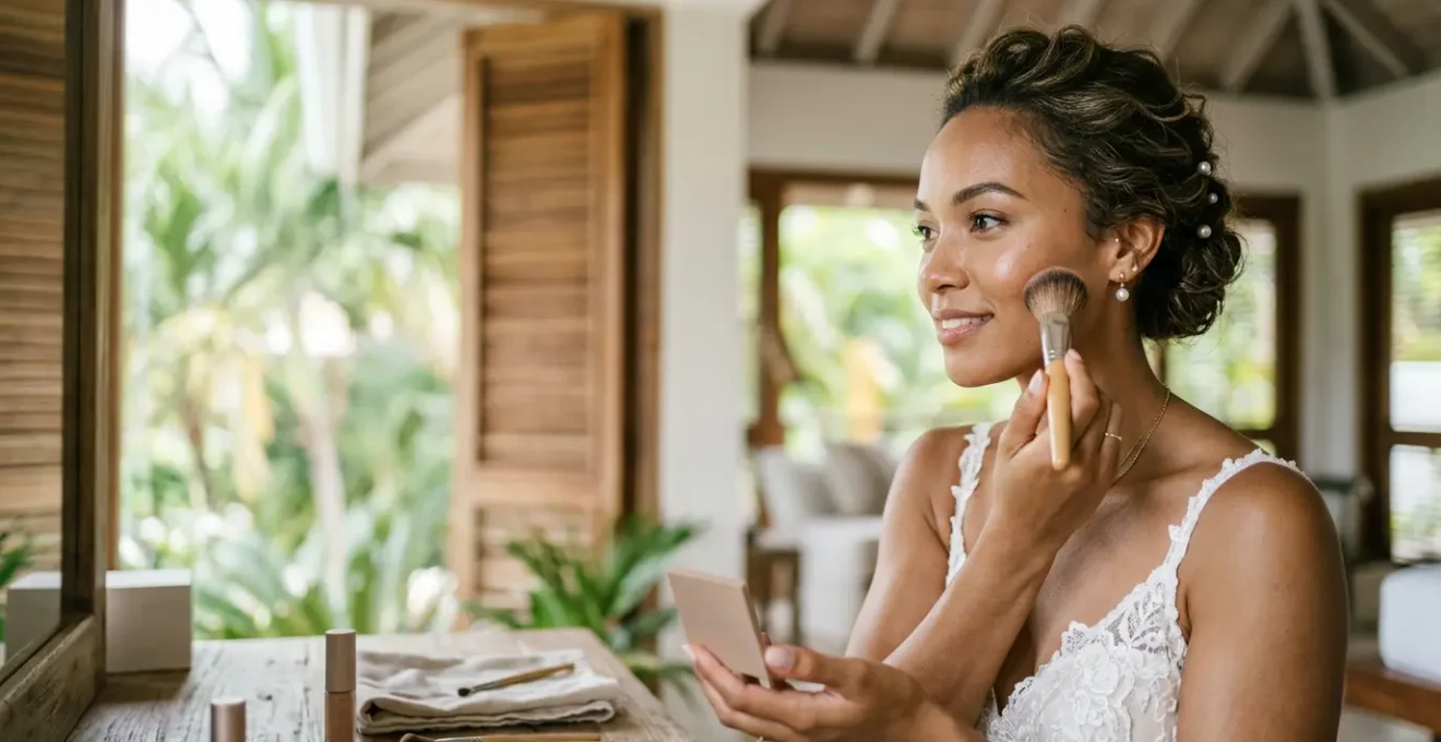 Bride preparing for tropical destination wedding with humidity-proof beauty routine in elegant setting