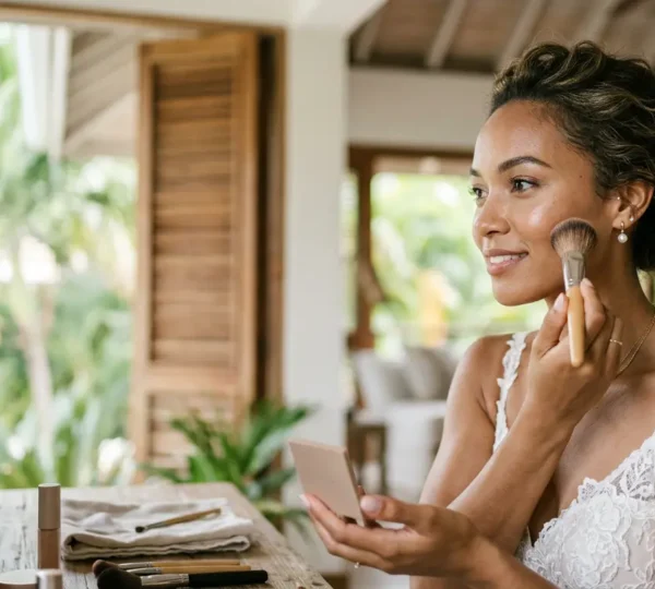 Bride preparing for tropical destination wedding with humidity-proof beauty routine in elegant setting